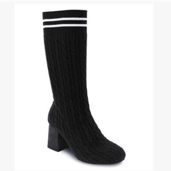 Black Sweater Knit Sock Boots Double White Stripe Calf High Chunky Heel Boot 8 - Picture 1 of 3